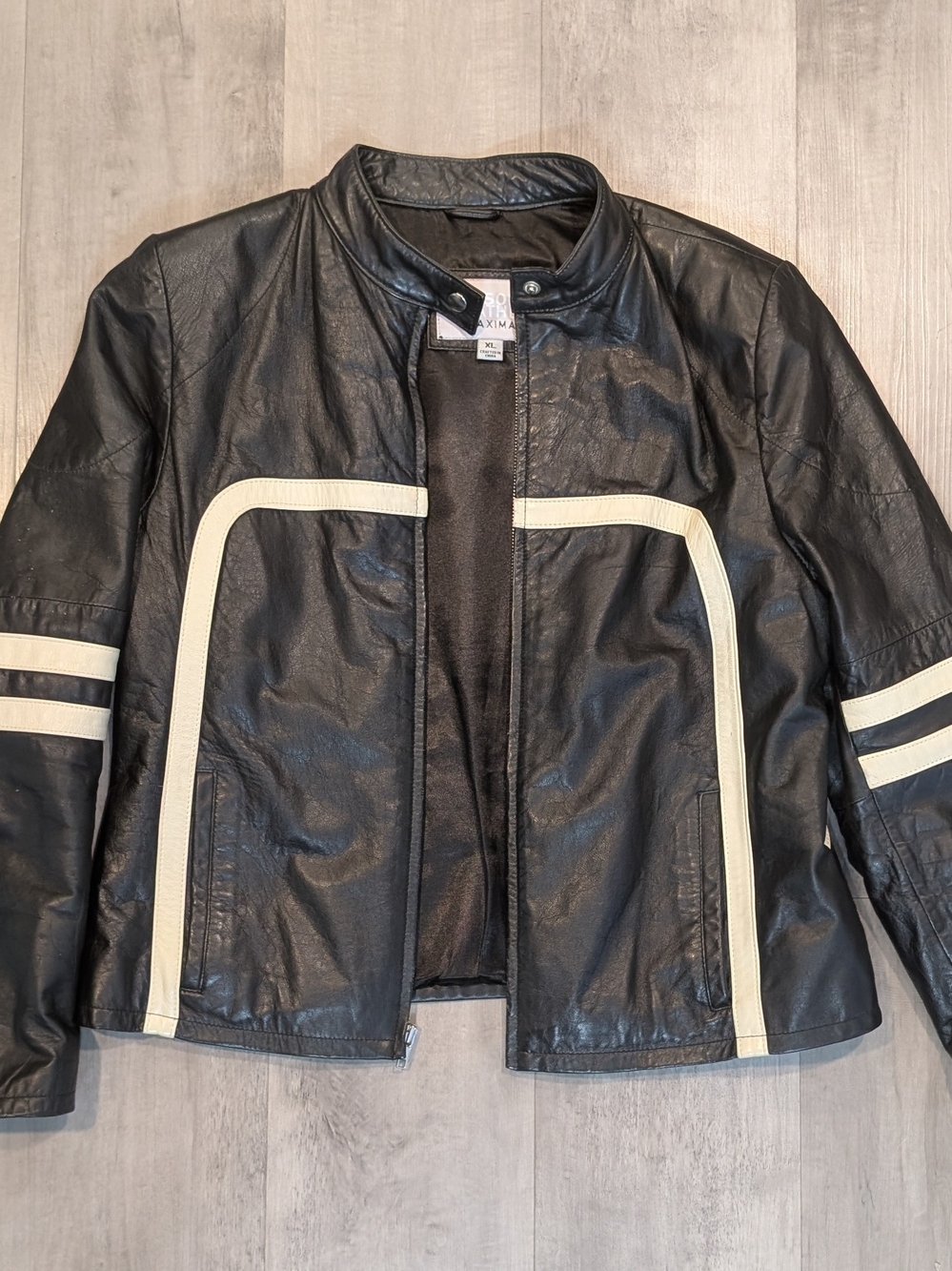 Vintage Wilsons Maxima Leather Jacket Womens Large Black & White Moto Cafe Racer